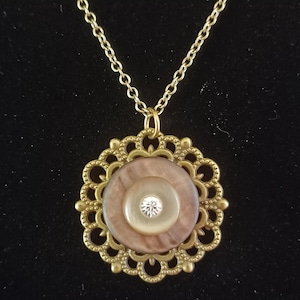 Vintage-Inspired Button Pendant Necklace – Filigree Gold Tone with Upcycled Accents