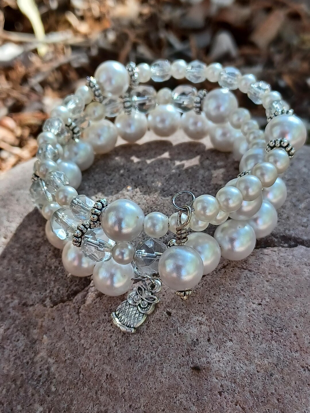 Pearls Memory Wire Stacked Bracelet With Charms - Etsy