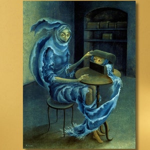 May include: A painting of a woman in a blue robe sitting at a table. She is looking at a box with a face inside. The painting is set in a dark room with a bookshelf in the background.
