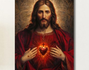 Holy Jesus Christ Sacred Heart Religious Print, Sacred Heart Of Jesus, Jesus Exhibition Poster, Jesus Paintings, Jesus Canvas Wall Art Print