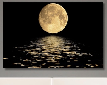 Full Moon Wall Art,Full Moon On the Sea Canvas,Landscape Moonlight Poster,Home Decor,FullMoon Canvas Wall Art,Office Decor Art,Ready To Hang