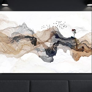 Japanese Landscape Painting of Abstract Mountain Canvas Poster Art, Distant Mountains,Abstract Mountain Wall Art ,Japan Print Art Wall Decor
