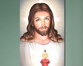 Sacred Heart Of Jesus, Holy Jesus Christ Sacred Heart Religious Print,  Jesus Canvas Wall Art Print,Jesus Paintings,Jesus Exhibition Poster