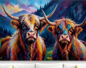 Cow Canvas Wall Art, Highland Cow Paintin, Wall Art , Highland Farmhouse Decor, Rustic Wall Decor Animals Painting Scottish Cow Wall Art Cow