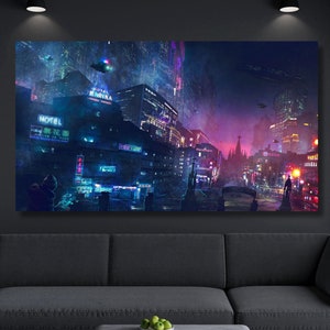 Cyberpunk City Wall Art, Cyberpunk City Neo Futuristic Canvas Poster,Home Decor, Canvas Print,Room Decor Art,Game Room Poster,Ready to Hang