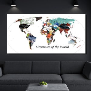 Mappa della letteratura per la scuola, regali letterari, mappa del mondo della letteratura su tela, arte letteraria, stampa letteraria, poster letterario, regalo per gli amanti dei libri