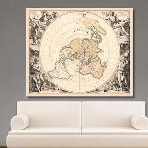 Platte aardekaart print, antieke planisphere Terrestre vintage platte aarde azimuthel equidistante print poster, oude kaart canvaskunst, woondecoratie