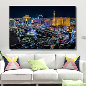 Las Vegas Strip Fountain Glow Night City Canvas,Night Las Vegas Skyline Painting Print,Las Vegas Skyline Canvas Print Wall Art,Home Decor