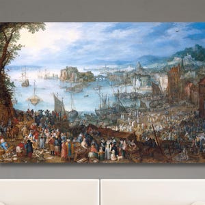 May include: A painting depicting a bustling harbor scene with numerous ships and boats, a crowd of people gathered on the shore, and a distant cityscape. The sky is a light blue with fluffy white clouds. The painting is done in a realistic style with a focus on detail.