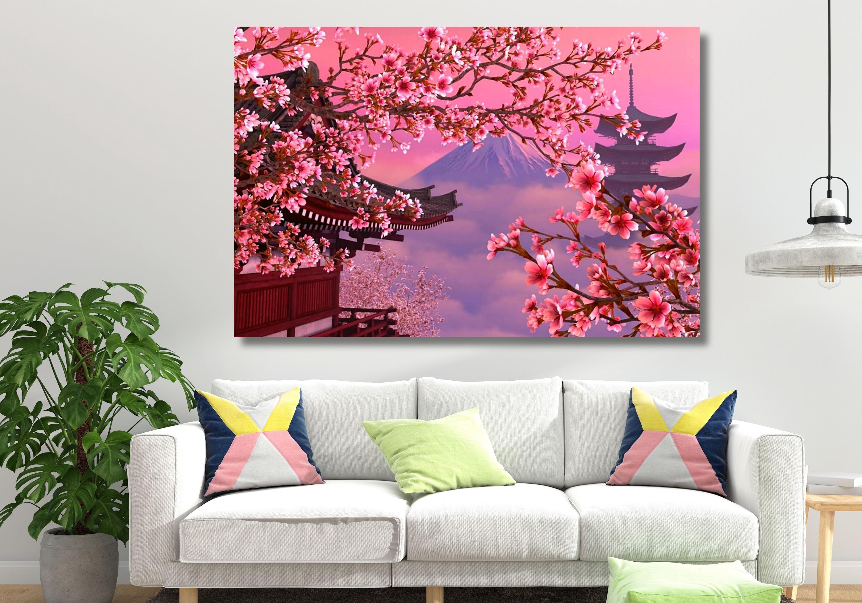Samurai Canvas Cherry Blossom Prints Lake Mountain Print Japanese
