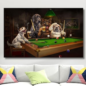 Dogs Playing Billiards Print, Funny Pet Portrait,Billiards Lover Gift,Pets Playing Pool, Dog Lover Gift,Dogs Playing Billiards,Home Decor