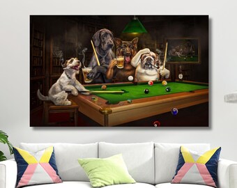 ビリヤードをする犬　壁掛け　タペストリー　94x143 プールで遊ぶ犬たち I タペストリー 壁掛け シューティングボール 複製