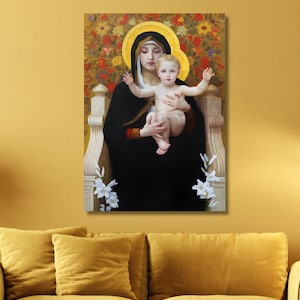 Decoración religiosa de inspiración renacentista, decoración de pared de arte sacro vintage, lienzo de Madonna con lirios y niño, póster de Madre espiritual y niño