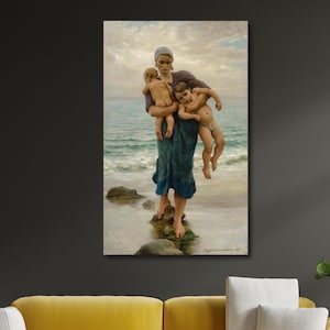The Fisherman&#39;s Wife and her Bathing Children Canvas,Virginie Demont-Breton Print,Reproduction Canvas Wall Art,Gift For Her, Home Decor