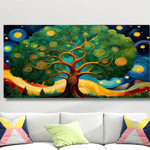 Pintura abstracta del árbol de la "Noche estrellada" de Van Gogh, Yggdrasil, lienzo del árbol de la vida, estilo de carta del tarot místico, arte de lienzo mítico, decoración del hogar