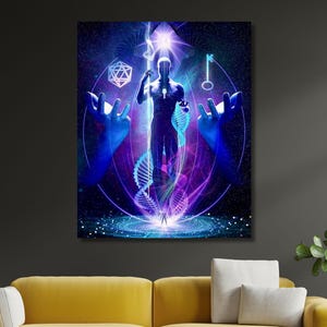 May include: A digital art print featuring a blue and purple abstract design with a human figure in the center. The figure is surrounded by geometric shapes, a key, and a spiral. The background is a dark blue with stars.