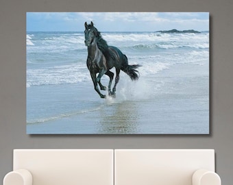 Running Black Horse Canvas,Black Horse On Sea Shore Painting,Horse Canvas Wall Art,Horse Wall Art Canvas Poster,Animal Canvas,Ready To Hang