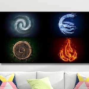 Può includere: Una stampa d'arte digitale che presenta i quattro elementi di Avatar: La leggenda di Aang. Gli elementi sono rappresentati da un simbolo d'acqua blu vorticoso, un simbolo di fuoco rosso e arancione, un simbolo di terra marrone e un simbolo d'aria bianco.