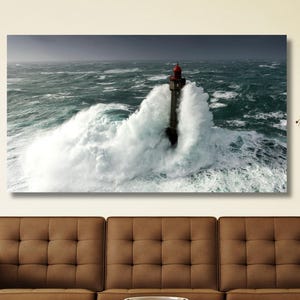 Arte em tela do farol da Bretanha, pôster de arte de farol, decoração de parede náutica, arte de paisagem marinha, farol, litoral, céu nublado, decoração de casa de praia