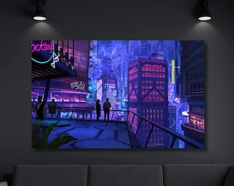 Affiche sur toile néo-futuriste Cyberpunk City, art mural Cyberpunk City, toile déco, art déco de chambre, décoration d'intérieur, affiche de salle de jeux, prêt à accrocher