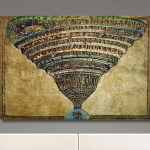 Sandro Botticelli La mappa dell'Inferno Dante La Divina Commedia Tela, Decorazione per la casa su tela, Stampa artistica da parete di Sandro Botticelli, Mappa, Pronta da appendere