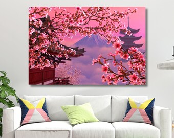 May include: A pink and purple landscape painting featuring a Japanese pagoda, cherry blossoms, and a mountain in the background.