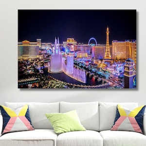 Night Las Vegas Skyline Painting Print,Las Vegas Strip Fountain Glow Night City Canvas,Las Vegas Skyline Canvas Print Wall Art, Modern Decor