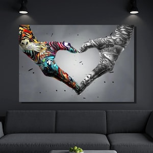 Graffiti Heart Sign Hands Poster Canvas Wall Art,Banksy Wall Art,Graffiti Canvas Painting,Hands Canvas Print, Pop Art Love Sign Canvas Decor