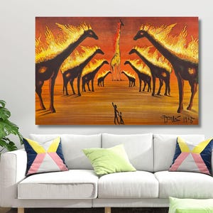 May include: A painting of a group of giraffes on fire, with a single giraffe standing tall in the center. The giraffes are all silhouetted against a fiery orange background. The painting is signed "Bruce 11-6".