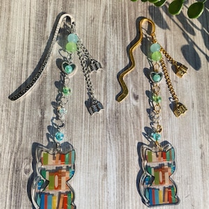 Metal Bookmarks, Dangling Beaded Charms, Gold Silver Accents, Gift Idea for Book Lovers, acrylic bookmark charm, Cat Lover Bookmark