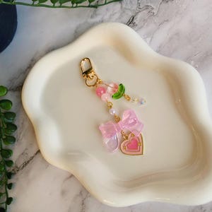 Retro Heart Charm Keychain, Pink Bow Accessory, Cute Keychain, Gold Accents, Gift for Her, kawaii bag charms