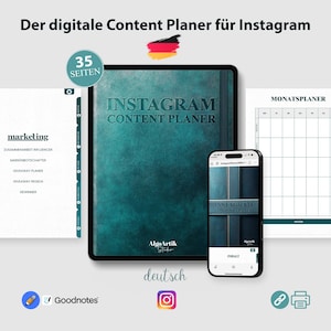 Könnte beinhalten: Ein digitaler Content-Planer in blaugrün für die Instagram-Content-Planung. Der Planer umfasst 35 Seiten und beinhaltet einen Monatsplaner, einen Giveaway-Planer und Bereiche für Influencer-Zusammenarbeit. Das Cover zeigt den Text "Instagram Content Planner" in Weiß.