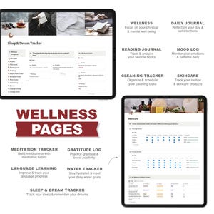 May include: Wellness pages printable planner with sections for sleep and dream tracking, meditation, gratitude, water intake, language learning, cleaning, skincare, mood, and daily journaling.