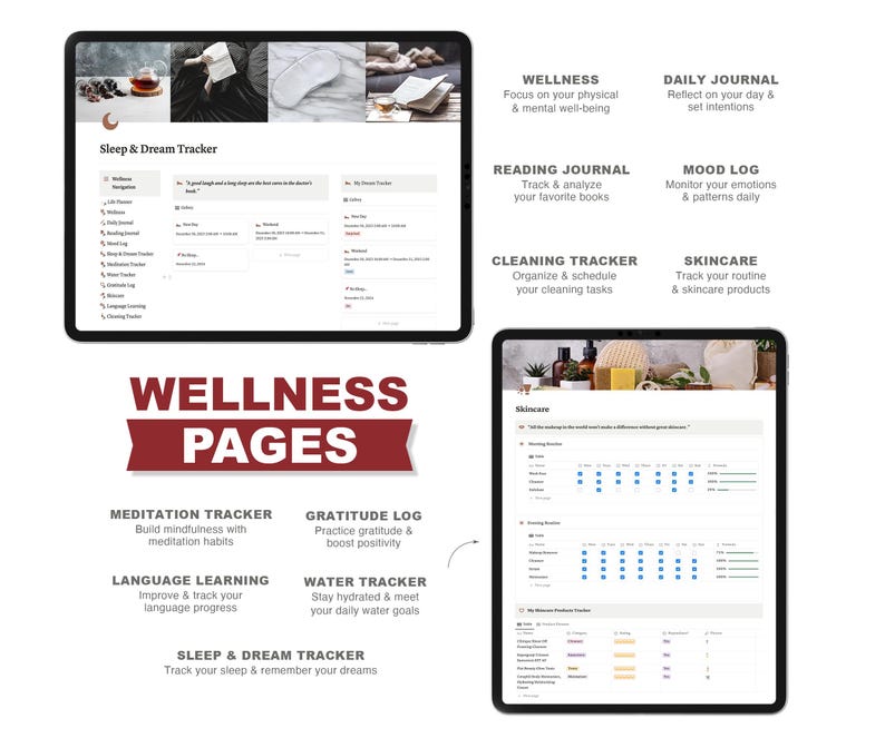 May include: Wellness pages printable planner with sections for sleep and dream tracking, meditation, gratitude, water intake, language learning, cleaning, skincare, mood, and daily journaling.