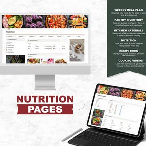 May include: A computer screen displaying a website with the word "Nutrition" in a red box. The website is for meal planning, nutrition tracking, and recipe management. The screen is on a white surface with a tablet computer and a pen.