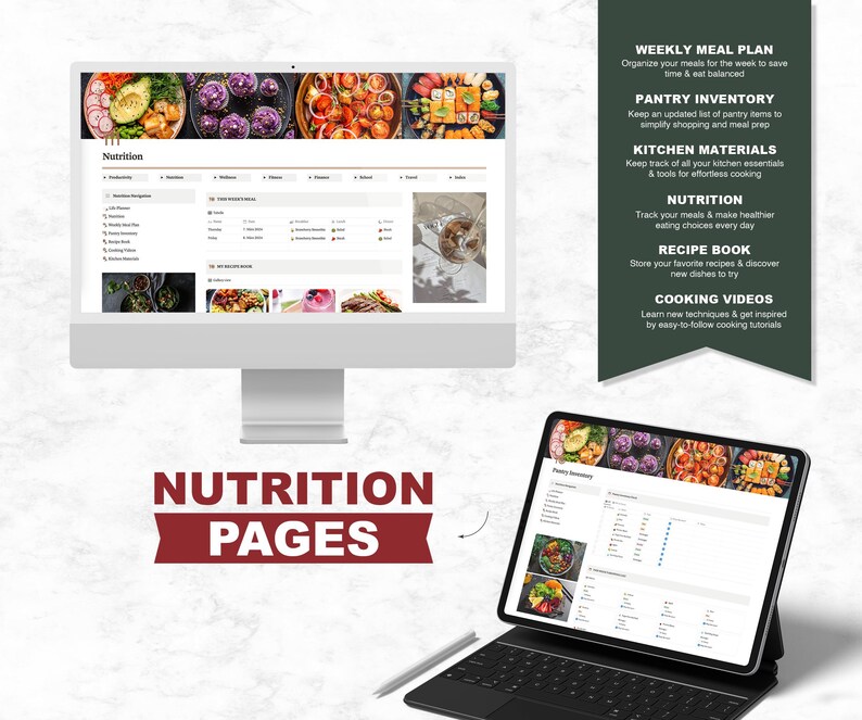 May include: A computer screen displaying a website with the word "Nutrition" in a red box. The website is for meal planning, nutrition tracking, and recipe management. The screen is on a white surface with a tablet computer and a pen.