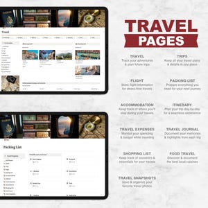 May include: A digital illustration of a website with the title "Travel Pages" and a list of travel planning tools, including "Travel", "Trips", "Flight", "Packing List", "Accommodation", "Itinerary", "Travel Expenses", "Travel Journal", "Shopping List", "Food Travel", and "Travel Snapshots".