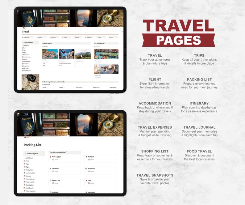 May include: A digital illustration of a website with the title "Travel Pages" and a list of travel planning tools, including "Travel", "Trips", "Flight", "Packing List", "Accommodation", "Itinerary", "Travel Expenses", "Travel Journal", "Shopping List", "Food Travel", and "Travel Snapshots".