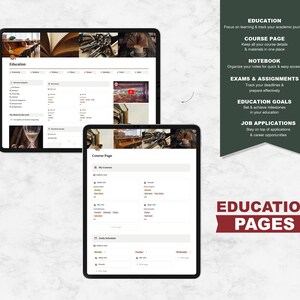May include: Two tablet computer screens showing a website interface for education. The website has sections for courses, notebooks, exams and assignments, education goals, and job applications. The text "EDUCATION PAGES" is in red at the bottom of the image.