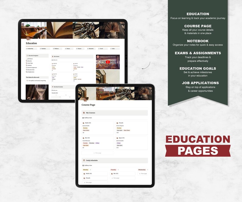 May include: Two tablet computer screens showing a website interface for education. The website has sections for courses, notebooks, exams and assignments, education goals, and job applications. The text "EDUCATION PAGES" is in red at the bottom of the image.