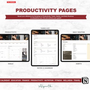 May include: Three digital planner pages with a brown and white background. The pages are labeled "Productivity", "Tasks List", and "Daily Routine". The pages are designed to help users boost their efficiency by focusing on productivity, tasks, habits, and daily routines.