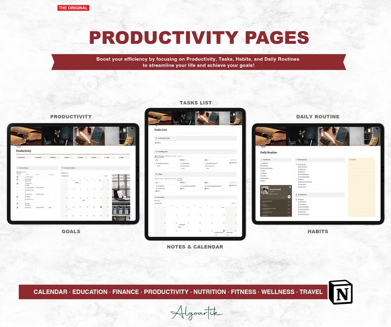 May include: Three digital planner pages with a brown and white background. The pages are labeled "Productivity", "Tasks List", and "Daily Routine". The pages are designed to help users boost their efficiency by focusing on productivity, tasks, habits, and daily routines.