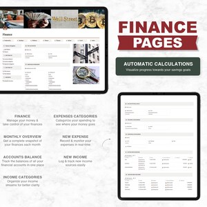 May include: A digital planner with a light gray background and black text. The planner is divided into sections for finance, expenses, income, and accounts. The planner includes a section for monthly overview, new expenses, new income, and income categories. The planner also includes a section for automatic calculations to visualize progress towards savings goals.