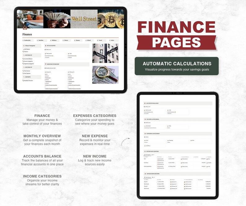 May include: A digital planner with a light gray background and black text. The planner is divided into sections for finance, expenses, income, and accounts. The planner includes a section for monthly overview, new expenses, new income, and income categories. The planner also includes a section for automatic calculations to visualize progress towards savings goals.