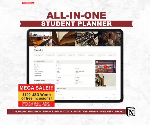 Notion Life Meal Prep Planner Template, All in One Finance Business Travel Digital Notion Student Planner