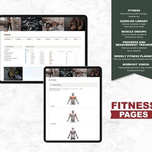 May include: Two screenshots of a fitness app on a tablet and a phone. The app has a dark grey background with white text and icons. The app includes features like a workout library, muscle groups, progress tracker, weekly fitness planner, and workout videos. The text "Fitness Pages" is in red at the bottom of the image.