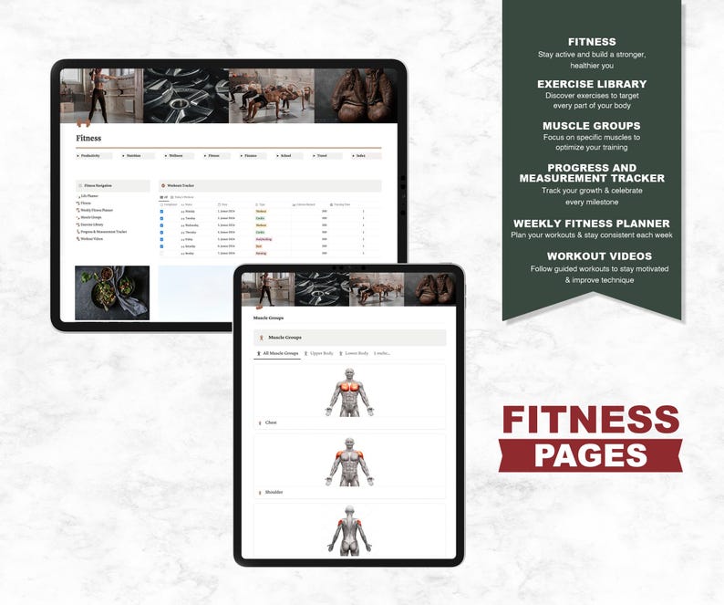 May include: Two screenshots of a fitness app on a tablet and a phone. The app has a dark grey background with white text and icons. The app includes features like a workout library, muscle groups, progress tracker, weekly fitness planner, and workout videos. The text "Fitness Pages" is in red at the bottom of the image.
