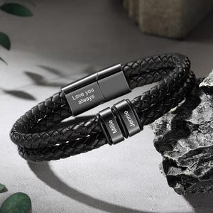 Personalized Men&#39;s Braid Leather Bracelet, Custom Kid&#39;s Names Bracelet for Dad, Mens Leather Jewelry, Gifts for Husband, Fathers Day Gifts