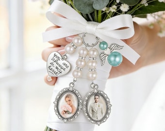 Custom Bridal Bouquet Charm with photo, Flowers Bouquet Photo Charm, Memorial Keepsake with Ribbon, Something Blue Bride Gifts