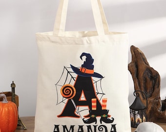 Sac d'Halloween monogramme personnalisé, sac fourre-tout d'Halloween avec nom personnalisé, sacs pour des bonbons ou des sorts, sac de bonbons pour des bonbons ou un sort, cadeau d'Halloween pour les enfants